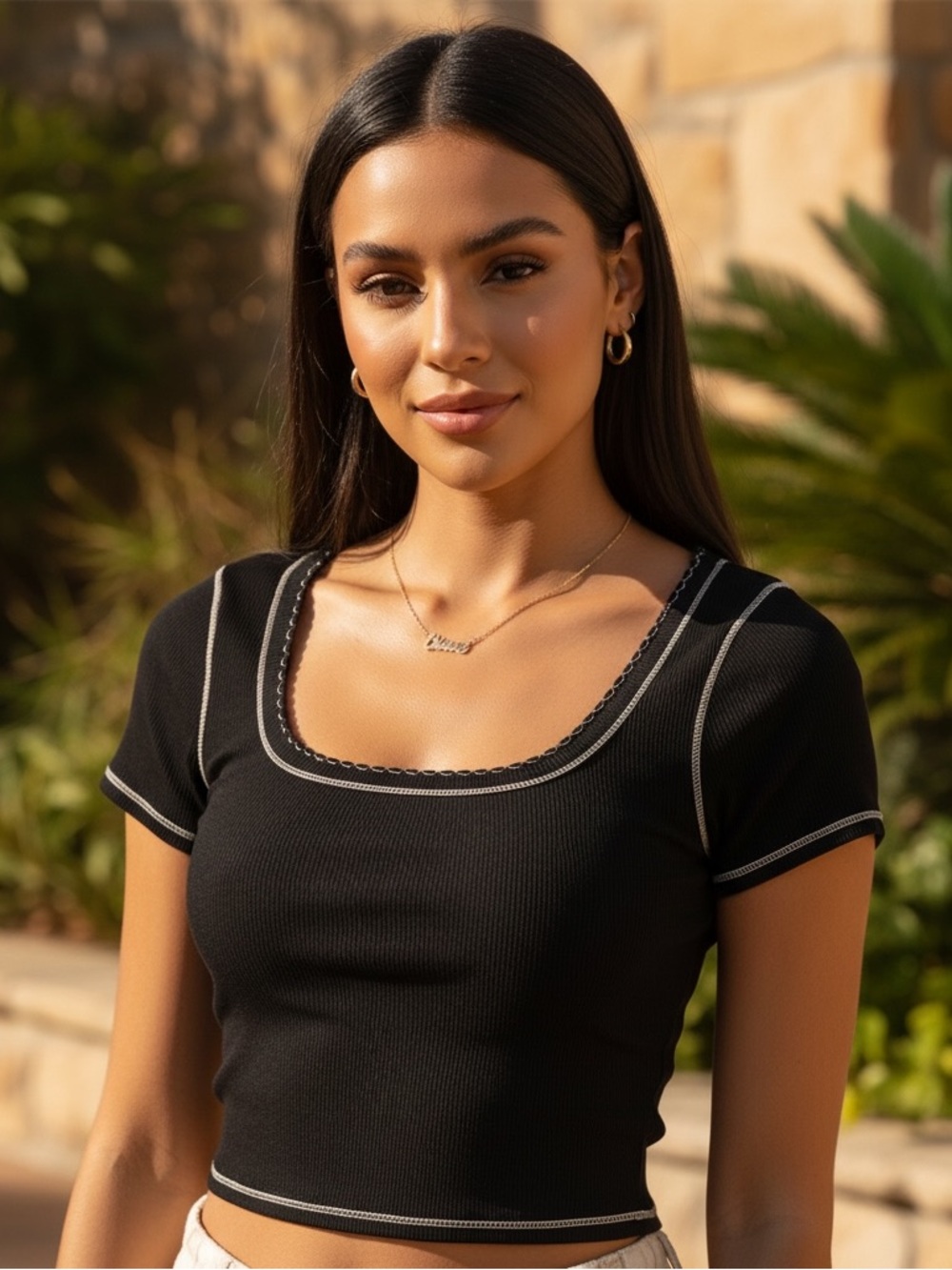 Medium Heart Hips Black Square Neck Ribbed Crop Top
